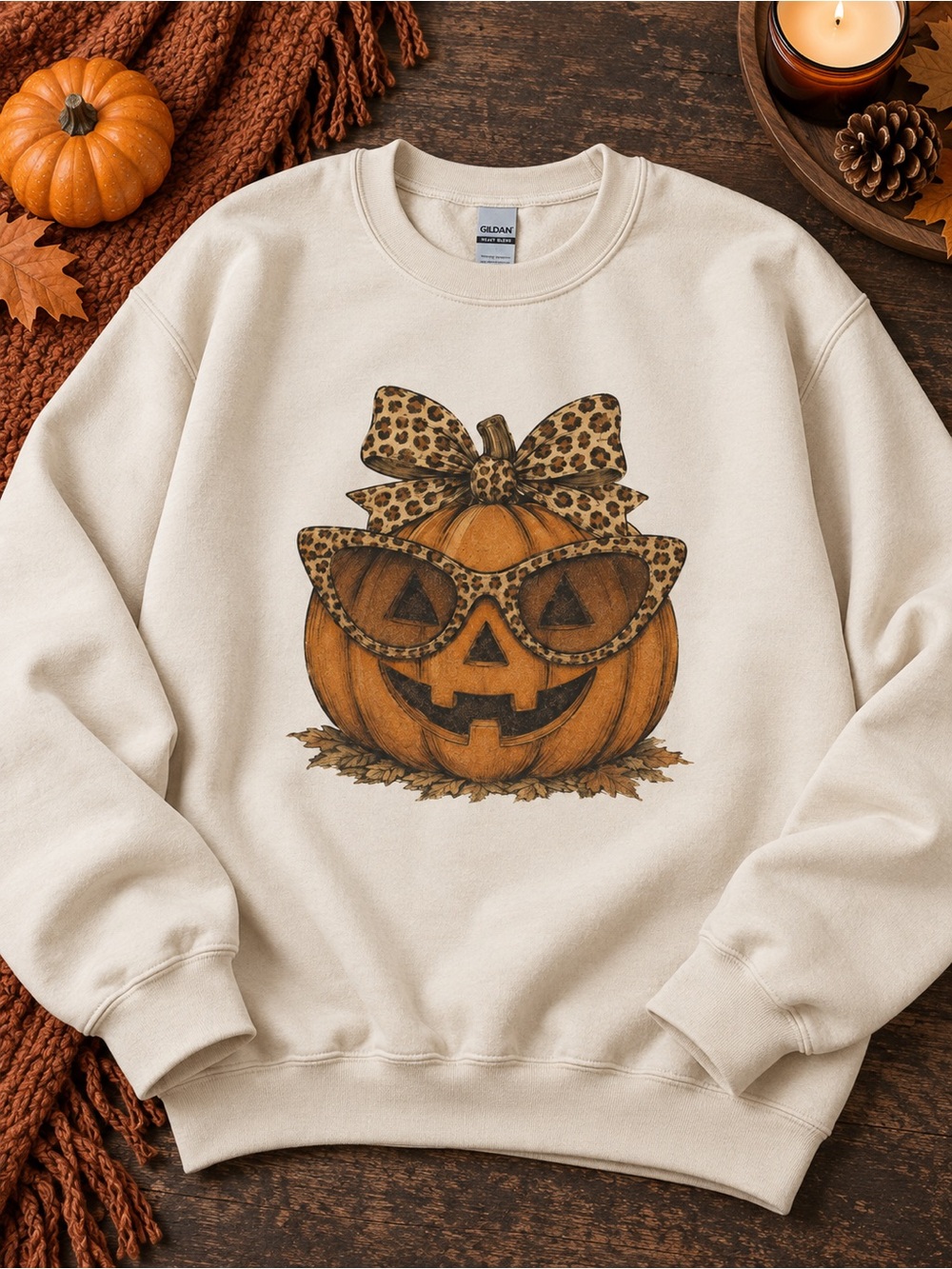 Gildan Sweatshirt with Leopard Bow Pumpkin Graphic